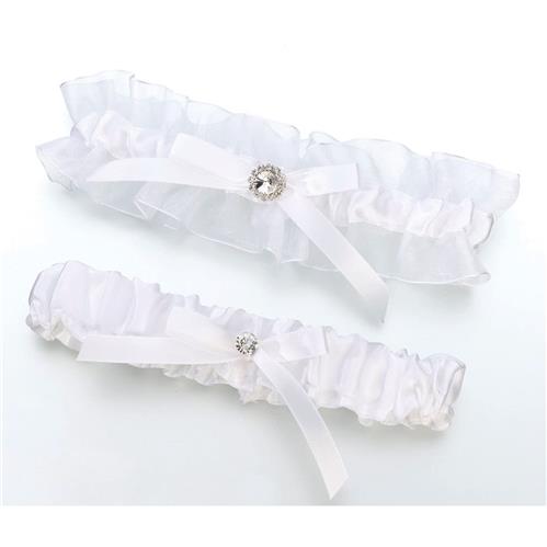 White Satin Jeweled Rhinestone Wedding Garter Set