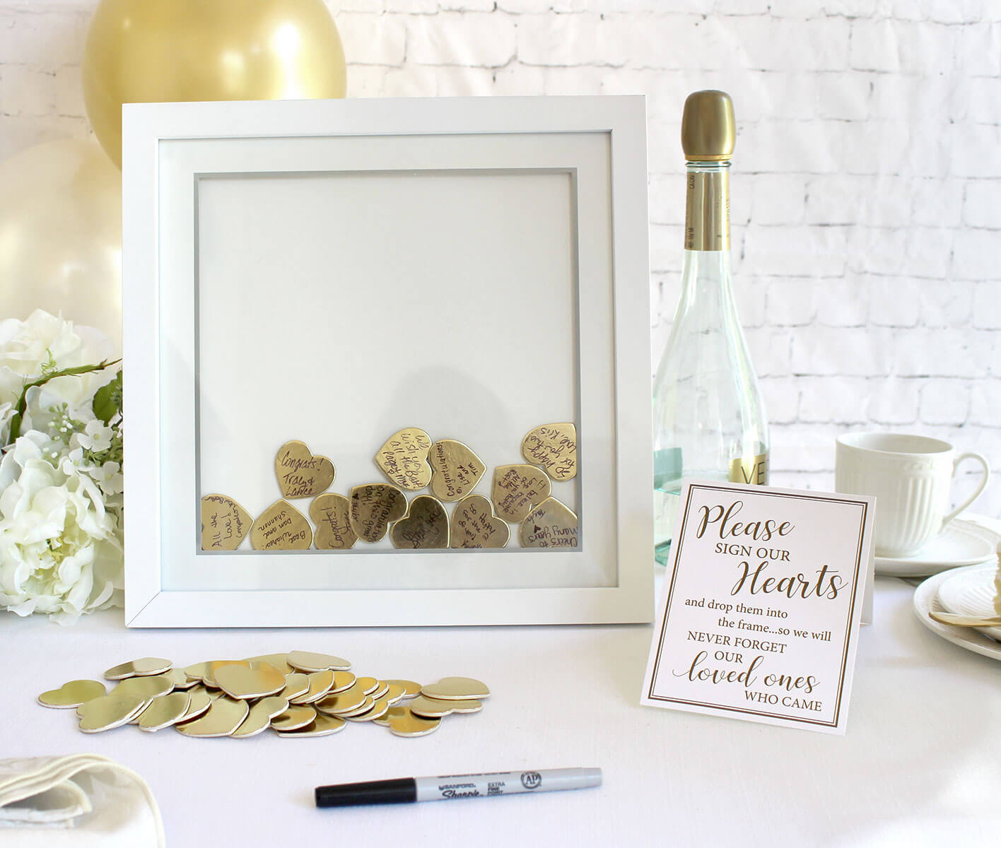 White Guest Book Alternative Signing Frame with 48 Gold Hearts