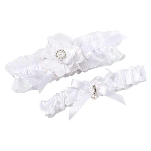 White Chiffon Flower Satin Garter Set